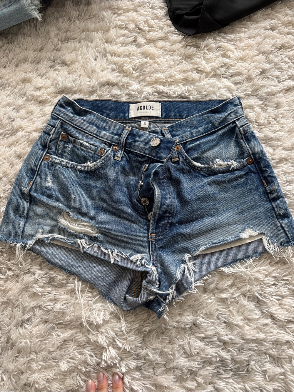 Agolde Distressed High-Rise Denim Shorts in Medium Blue Wash